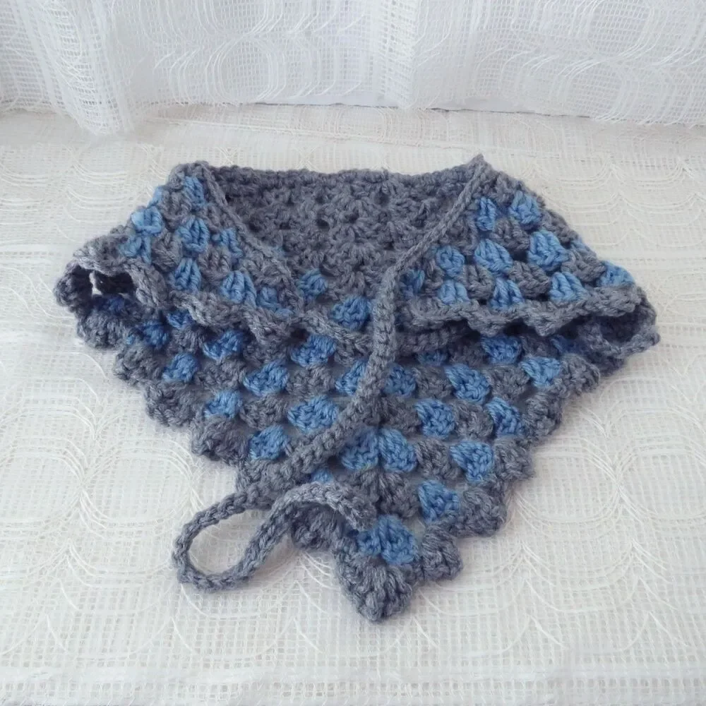 Handmade Crocheted Gray and Blue Bandana, Boho Style Head Covering, Cottage Core